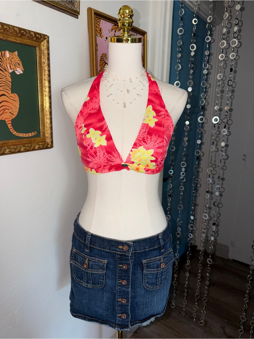 Vintage Y2K Tropical Halter Bikini Top in Bright Pink with Yellow Floral Print